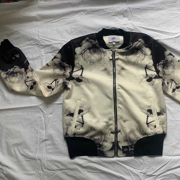Cream & Black Floral Smoke Print Bomber Jacket - Picture 1 of 3